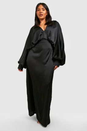 Boohoo Plus Satin Plunge Blouson Sleeve Maxi Dress