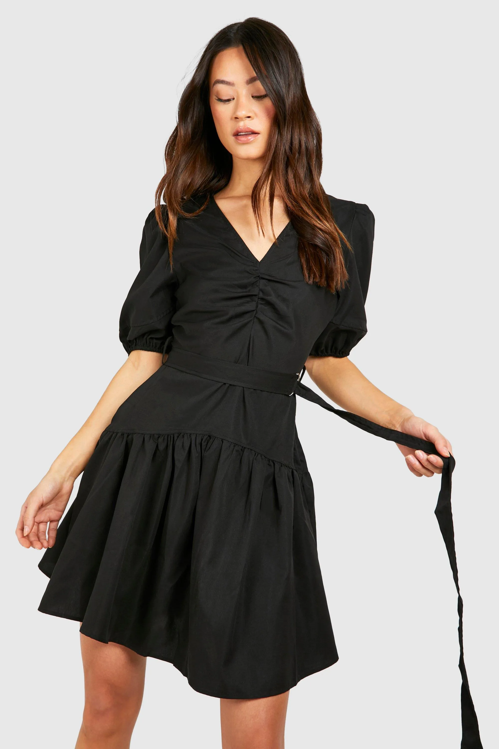 Tall Puff Sleeve Eyelet Belt Smock Dress by boohoo