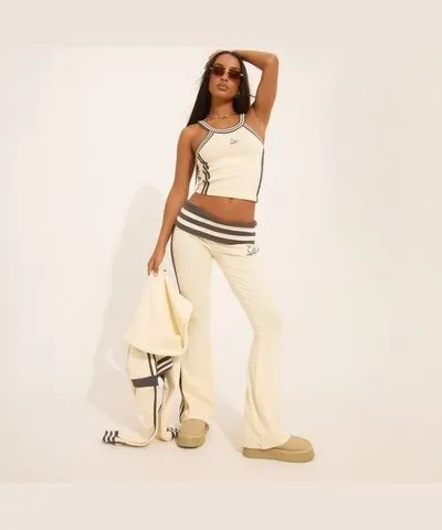 EGO Low Rise Fold Over Graphic Contrast Stripe Flared Trousers In Cream