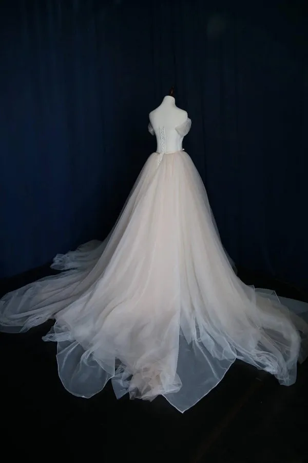 Elegant Off-Shoulder Tulle Pleat Sweep Train Wedding Dress