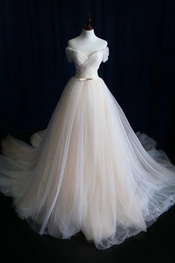 Elegant Off-Shoulder Tulle Pleat Sweep Train Wedding Dress