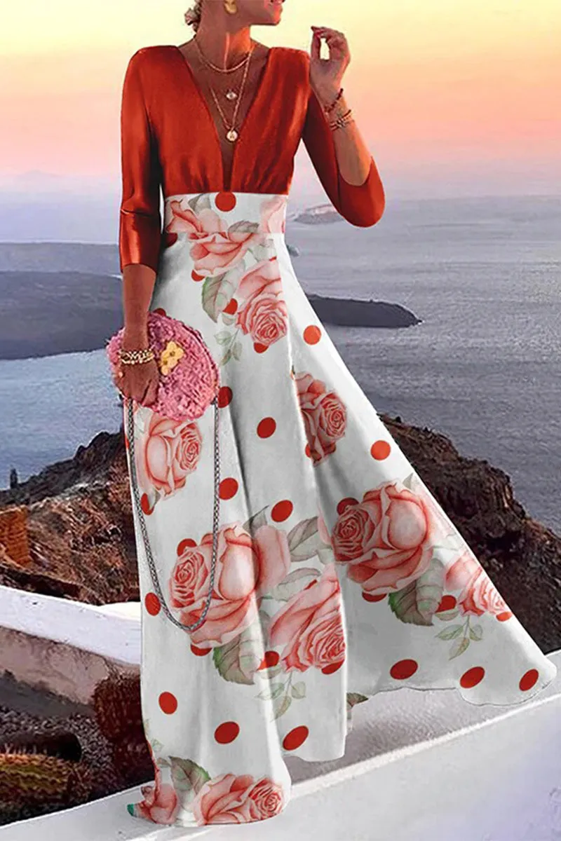 Elegant Vacation Print Patchwork V Neck Skirt Dresses in 3 Colors