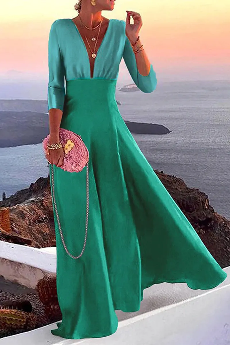 Elegant Vacation Print Patchwork V Neck Skirt Dresses in 3 Colors