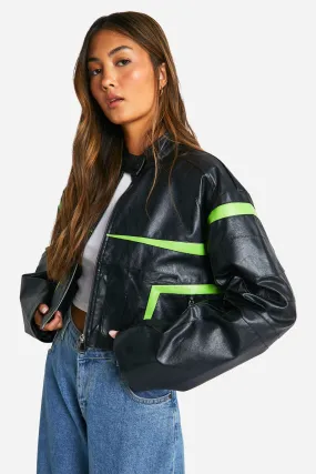 Faux Leather Contrast Moto Jacket by boohoo