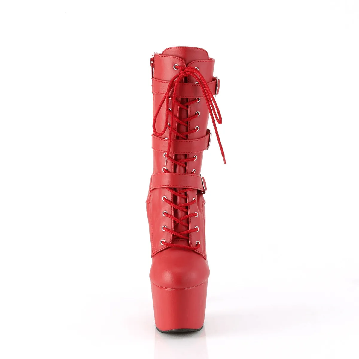 Fiery Red Lace-Up Heeled Ankle Boots with Buckles by PLEASER