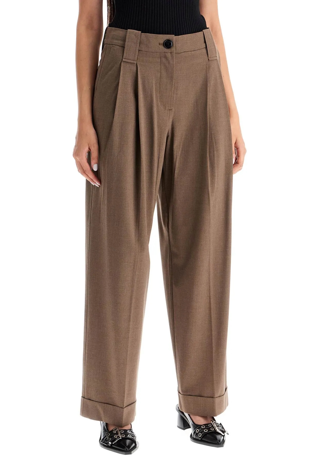 Flowy Trousers with Two Ple F9279 SHITAKE