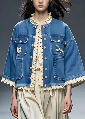 French Blue Patchwork Hollow Out Coats