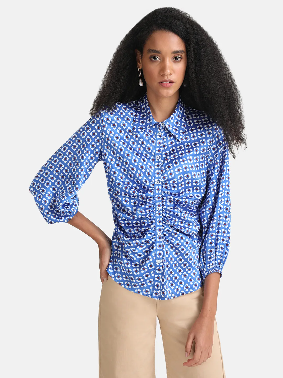 Geometric Printed Shirt with Ruching