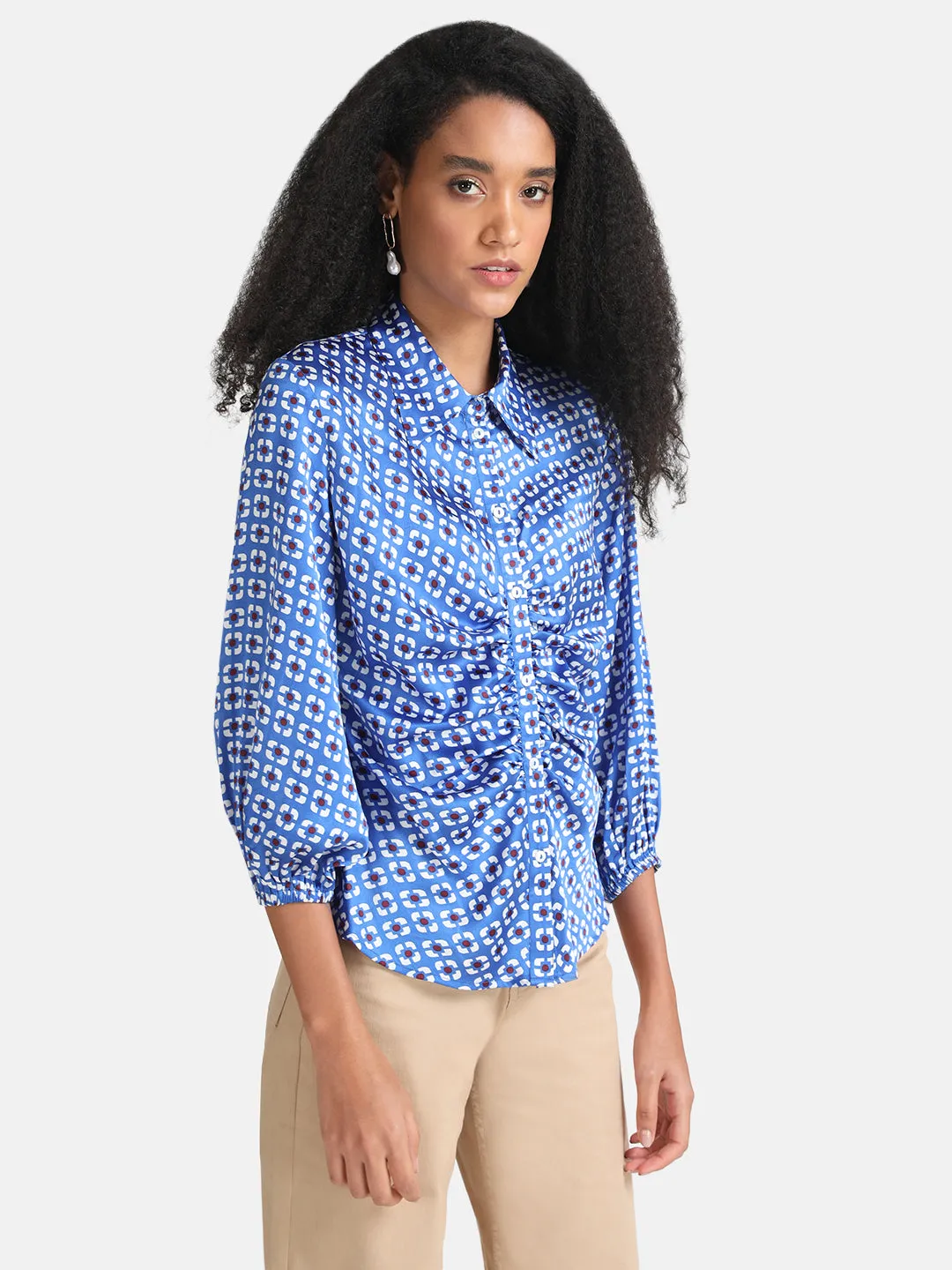 Geometric Printed Shirt with Ruching