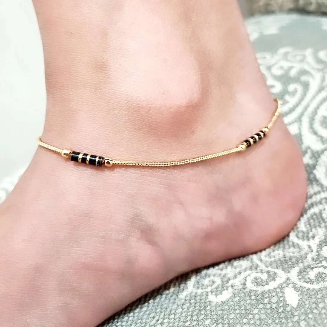 Gold Filled Anklet with Black Beads