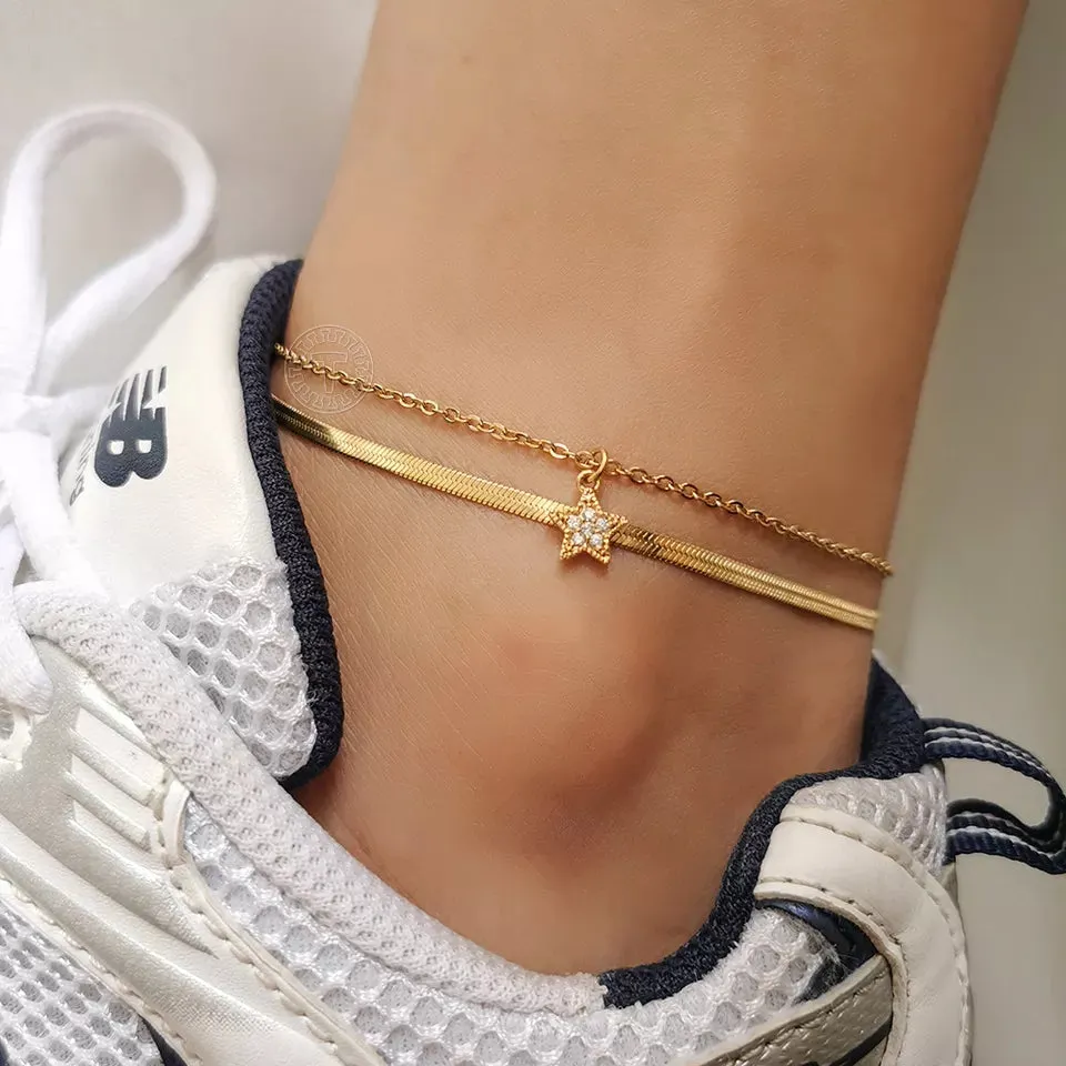 Gold Plated Two Layers Herringbone Chain Anklet with Star Charm