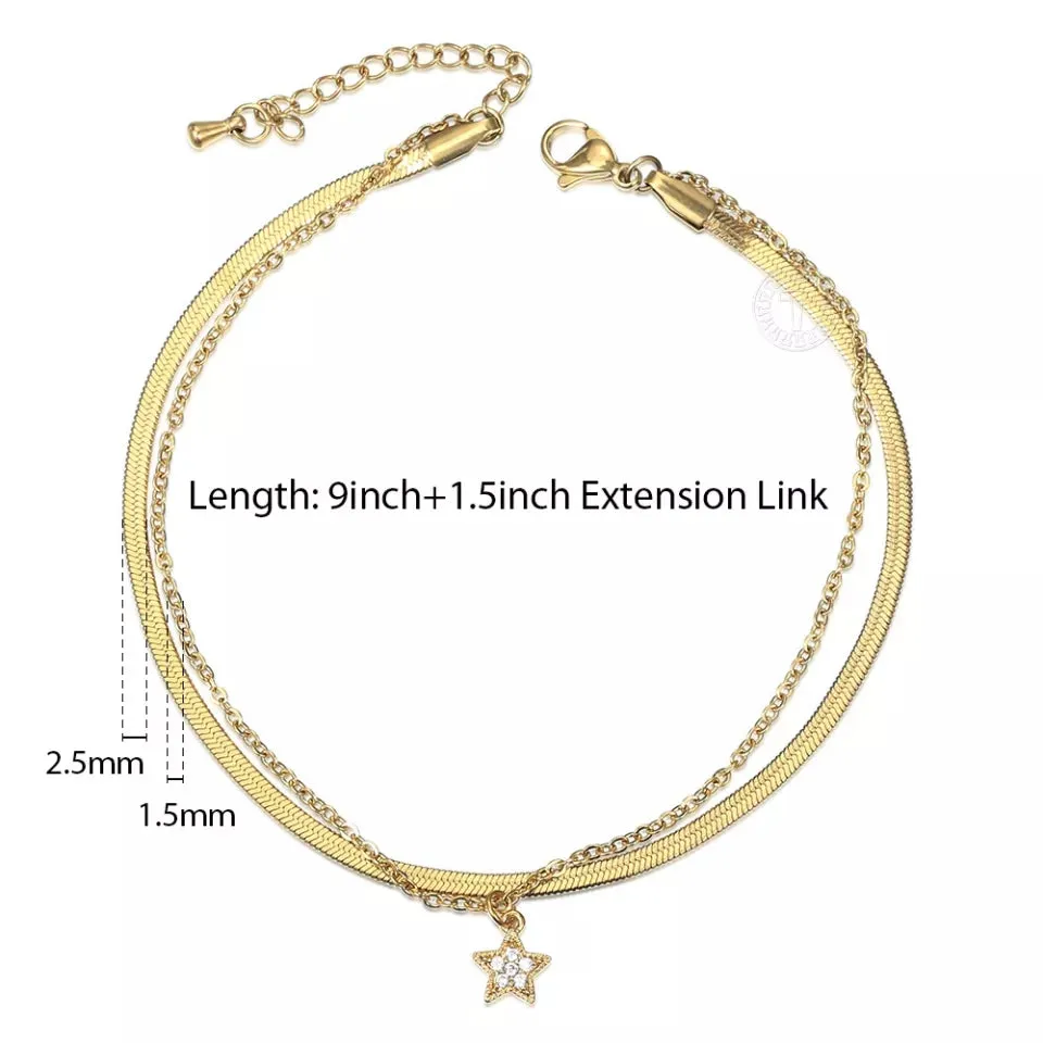 Gold Plated Two Layers Herringbone Chain Anklet with Star Charm