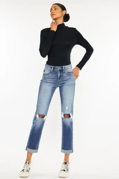 High-Waisted Distressed Hem Detail Cropped Straight Jeans by Kancan