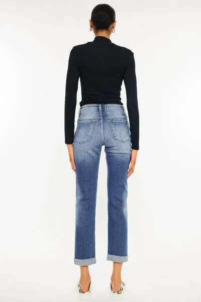 High-Waisted Distressed Hem Detail Cropped Straight Jeans by Kancan