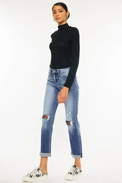 High-Waisted Distressed Hem Detail Cropped Straight Jeans by Kancan