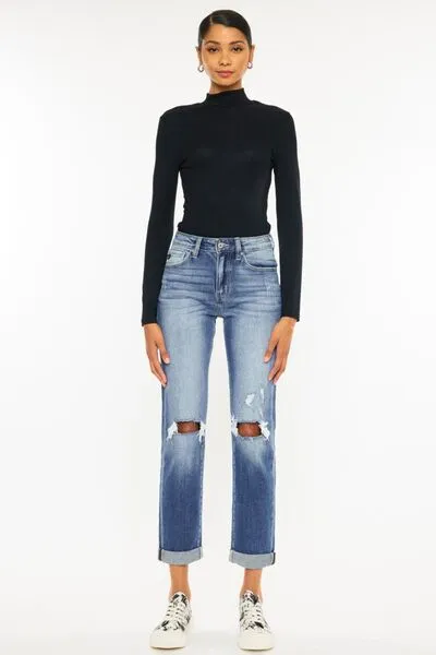 High-Waisted Distressed Hem Detail Cropped Straight Jeans by Kancan