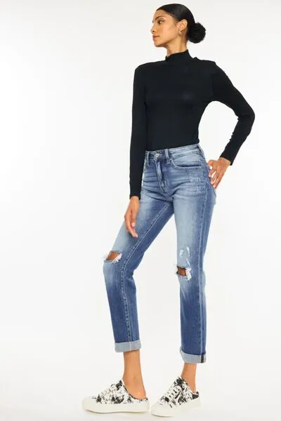 High-Waisted Distressed Hem Detail Cropped Straight Jeans by Kancan