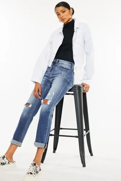 High-Waisted Distressed Hem Detail Cropped Straight Jeans by Kancan