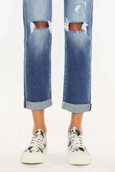 High-Waisted Distressed Hem Detail Cropped Straight Jeans by Kancan