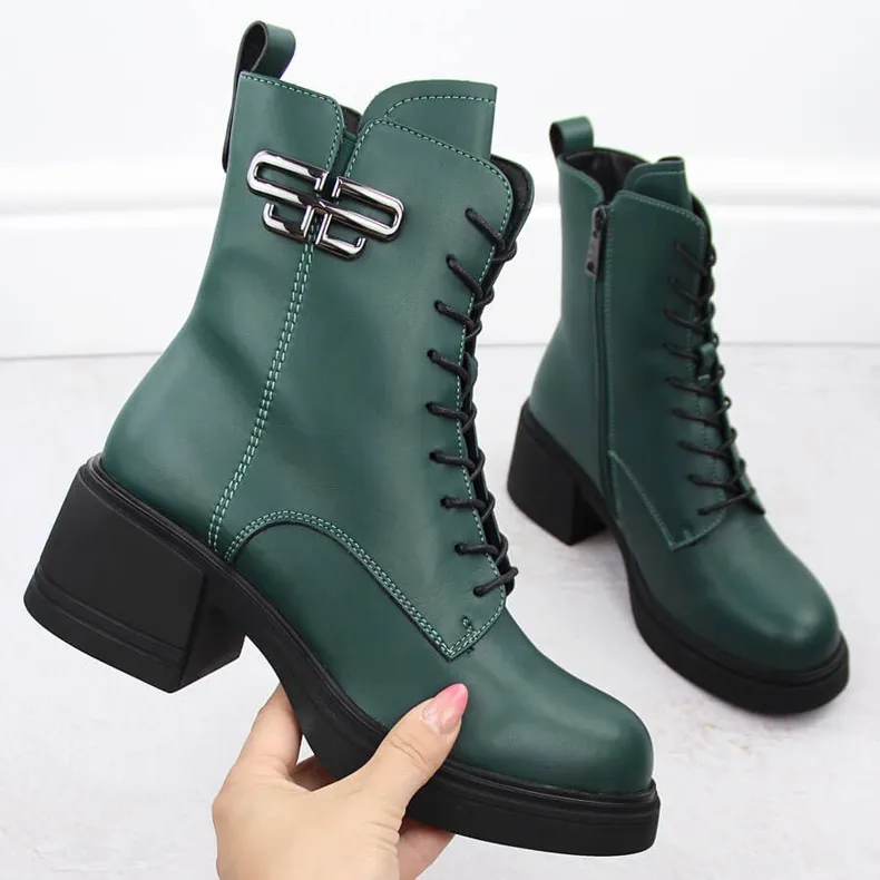 Insulated Green Women's Leather Platform Heeled Ankle Boots by Vinceza 66682