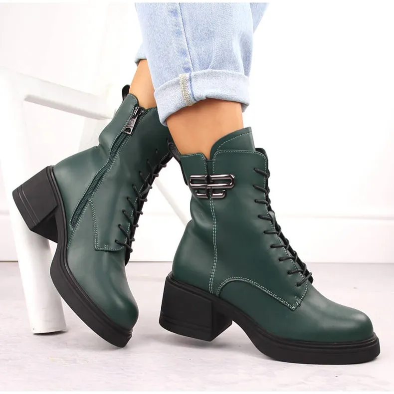 Insulated Green Women's Leather Platform Heeled Ankle Boots by Vinceza 66682