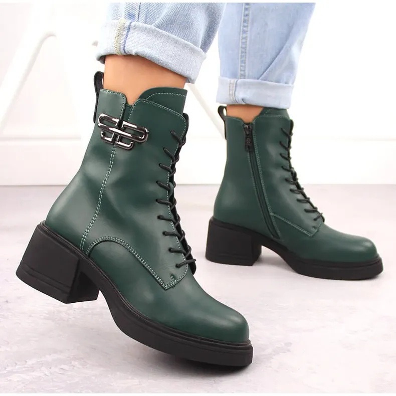 Insulated Green Women's Leather Platform Heeled Ankle Boots by Vinceza 66682