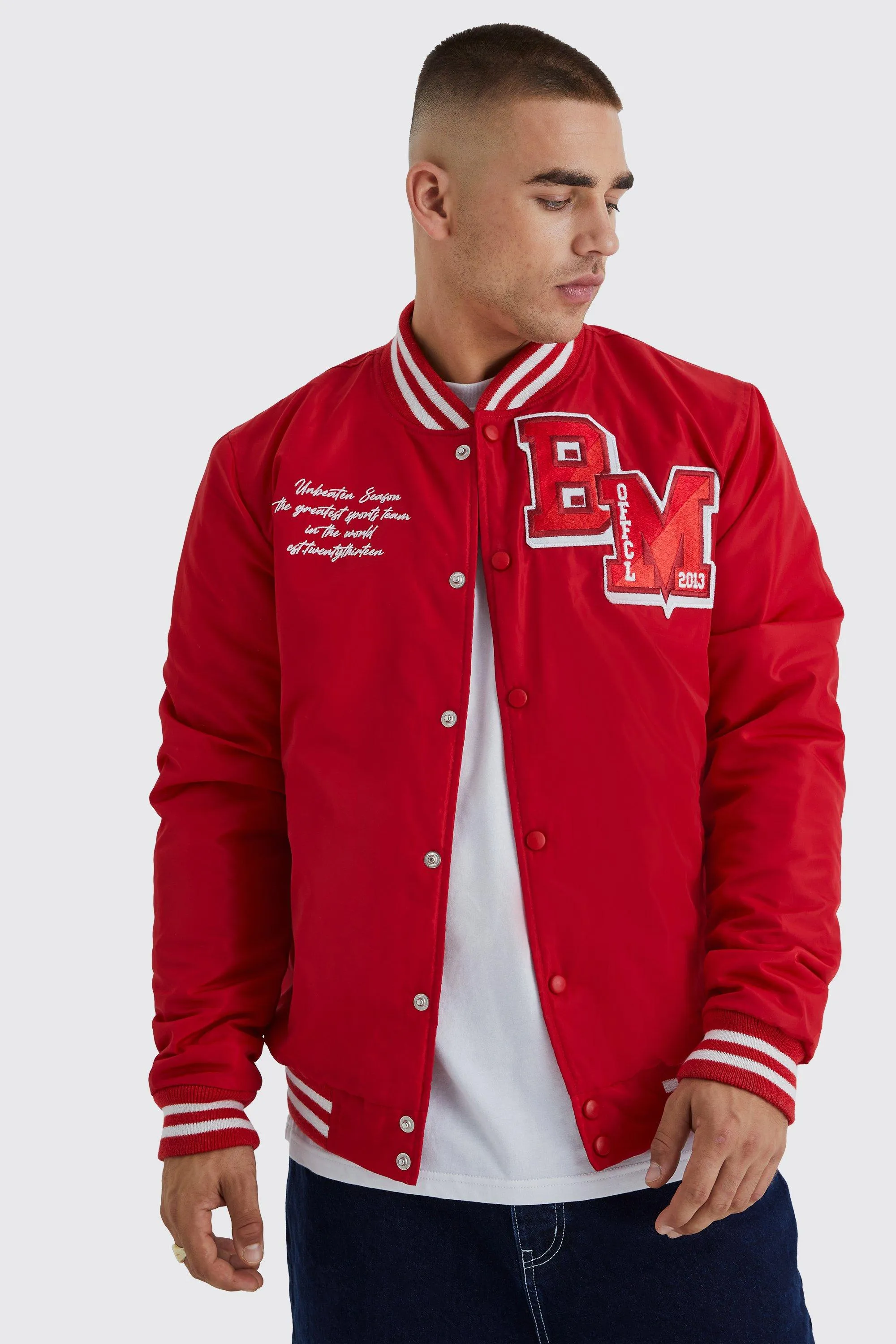 Jackets & Coats | Nylon Varsity Jacket With Badges | boohooMAN