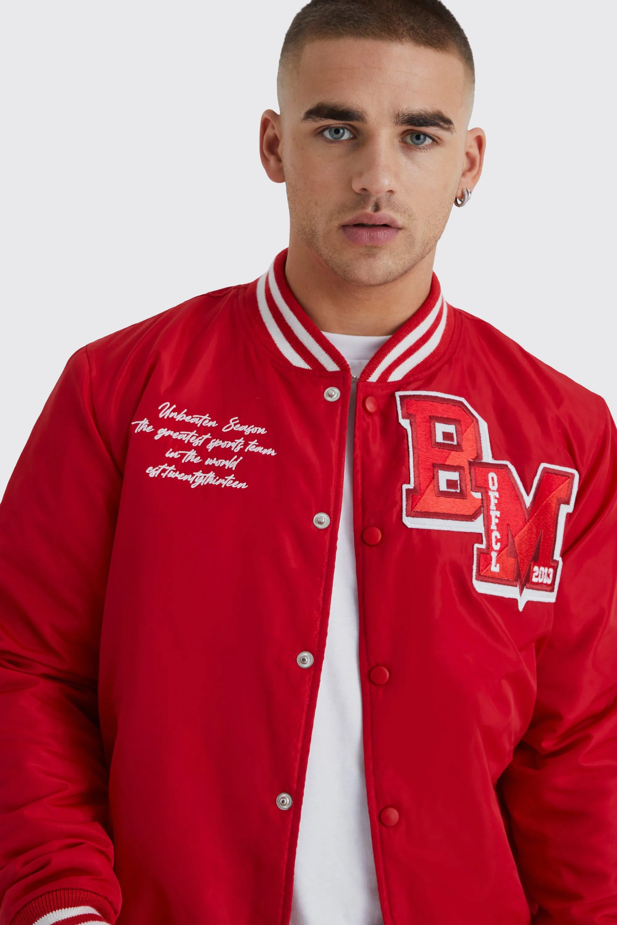 Jackets & Coats | Nylon Varsity Jacket With Badges | boohooMAN