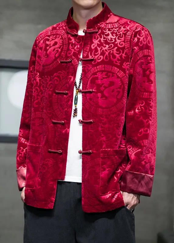 Jacquard Red Pockets Button Silk Velour Men Coats Spring