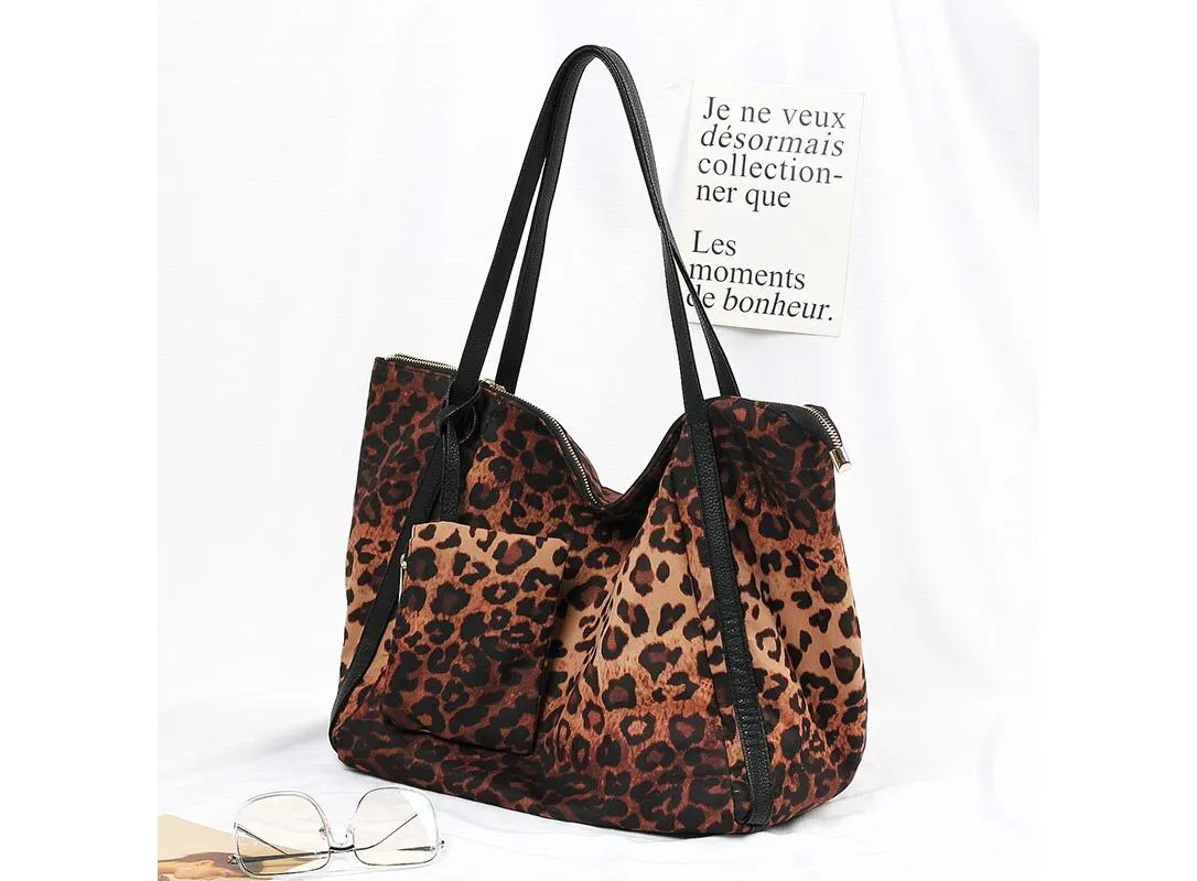 Leopard Cotton Lady Shoulder Bags with Clutches Pocket