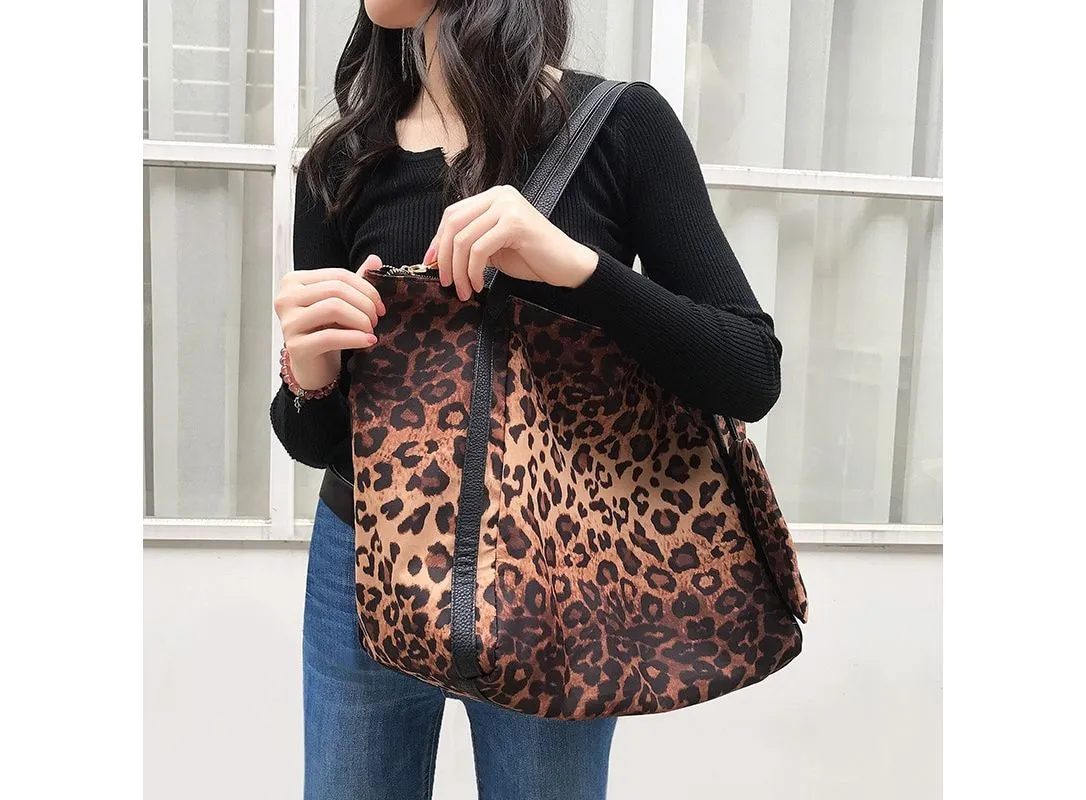 Leopard Cotton Lady Shoulder Bags with Clutches Pocket