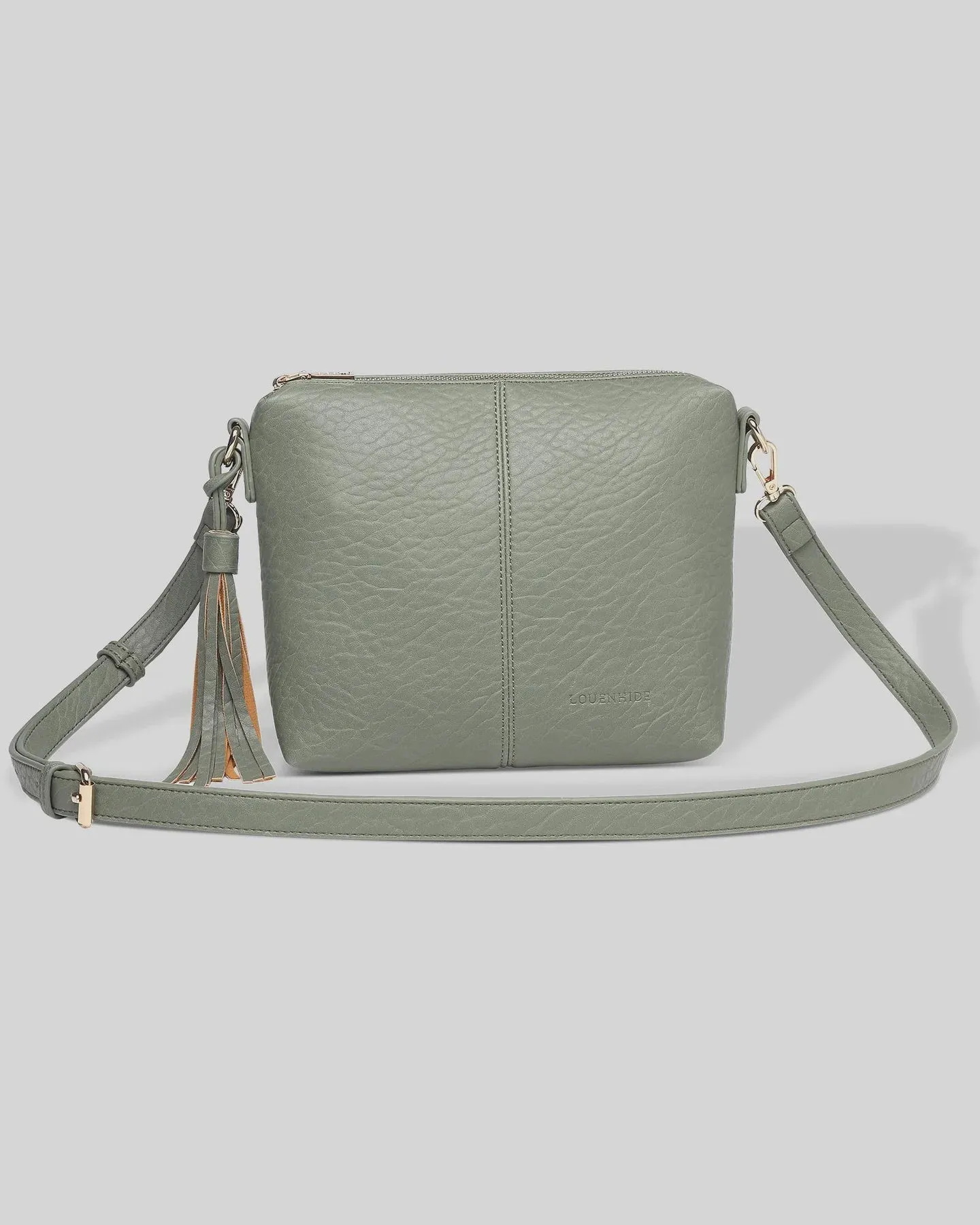 Kasey Light Khaki Crossbody Bag with Logo Strap by Louenhide