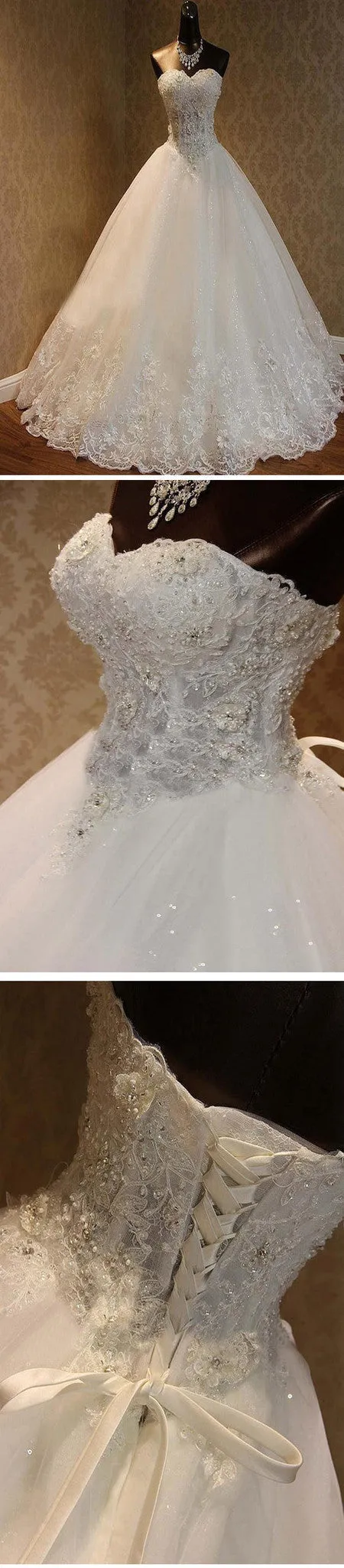 Luxurious Sweetheart Rhinestone White Lace Wedding Gown