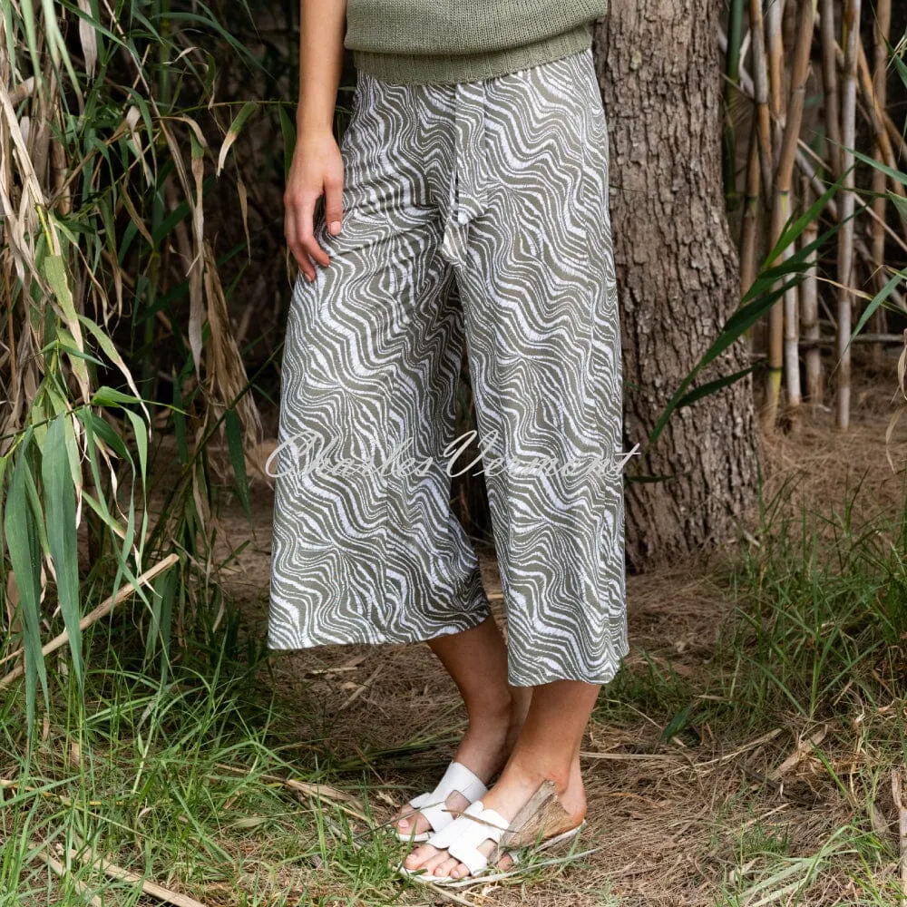 Marble Wave Print 7408-123 Khaki White Culotte Trouser