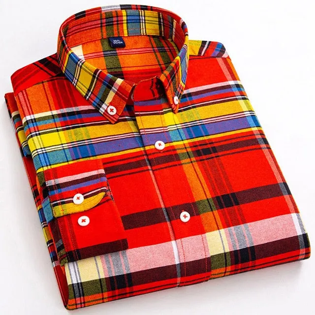 Men's Plaid Checkered Casual Shirt with Square Collar