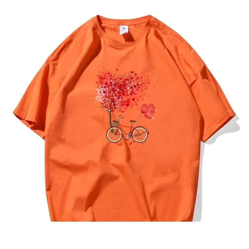 Tree Flower Bicycle Printed Short Sleeve Cotton T-shirts