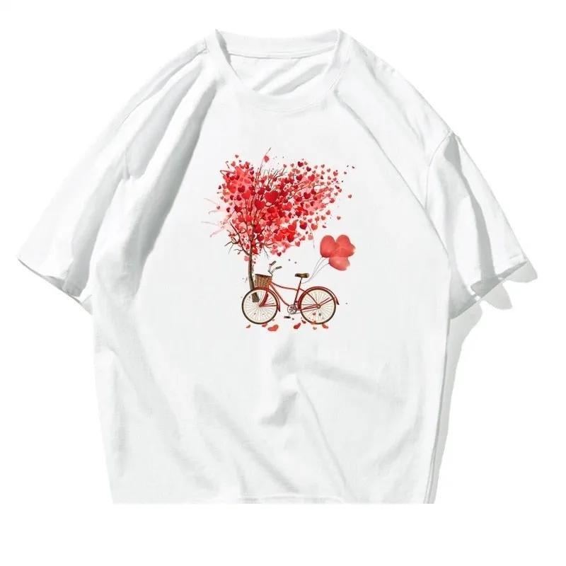 Tree Flower Bicycle Printed Short Sleeve Cotton T-shirts