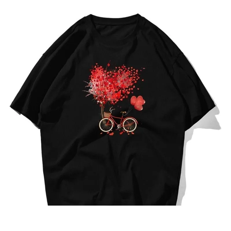 Tree Flower Bicycle Printed Short Sleeve Cotton T-shirts