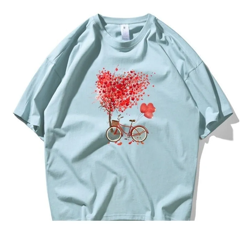 Tree Flower Bicycle Printed Short Sleeve Cotton T-shirts