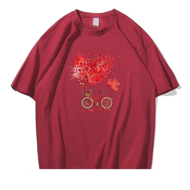 Tree Flower Bicycle Printed Short Sleeve Cotton T-shirts