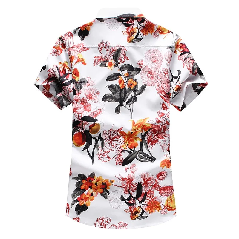 White Floral Slim Fit Short Sleeve Beachwear Shirt for Men