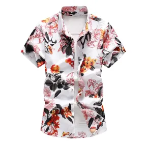 White Floral Slim Fit Short Sleeve Beachwear Shirt for Men