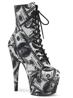 Money Print Lace-Up Platform Heeled Ankle Boots by PLEASER