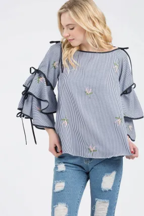 Floral Navy Blue Bell Sleeve Woven Top