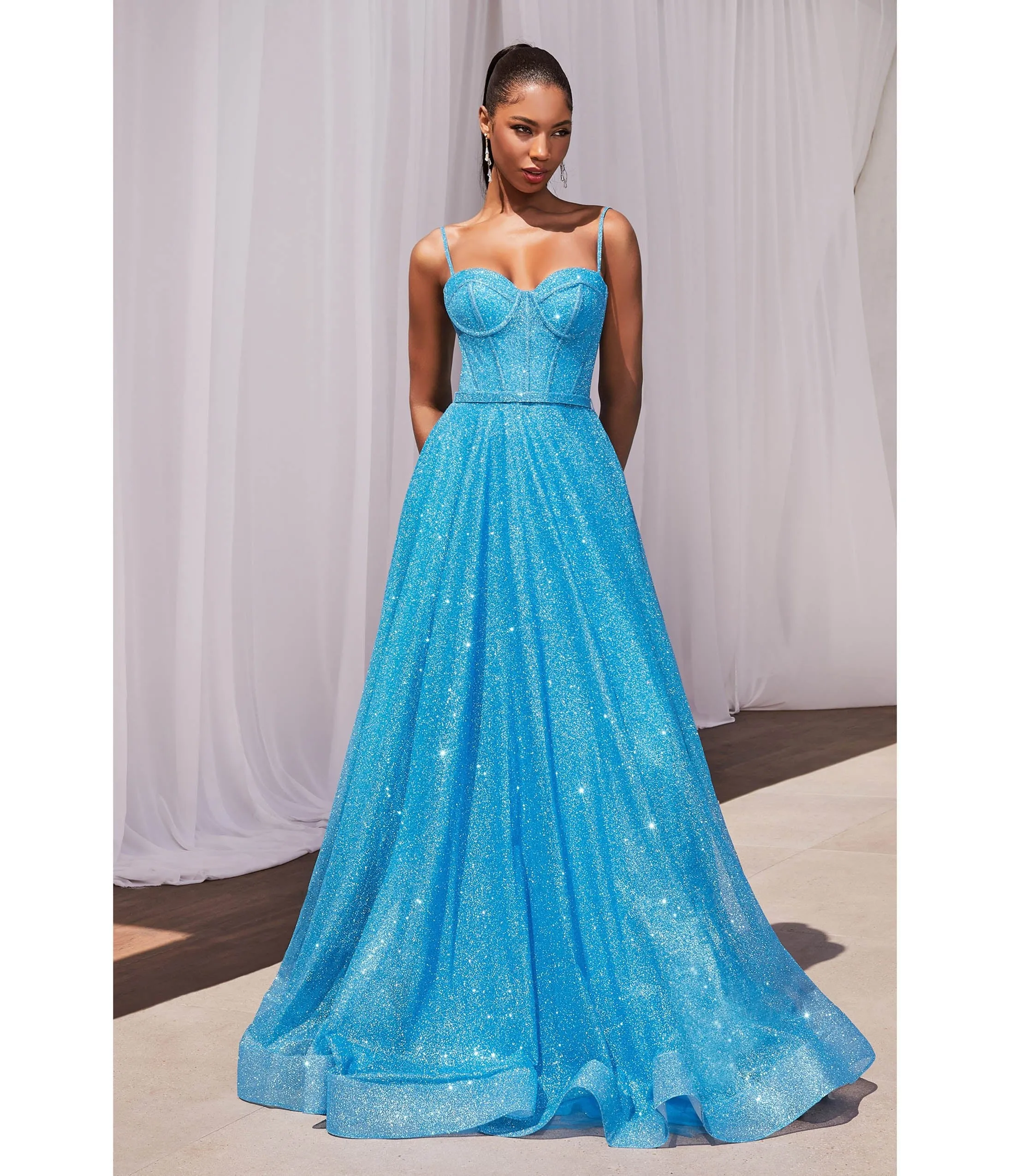 Cinderella Divine Ocean Blue Glitter Prom Gown