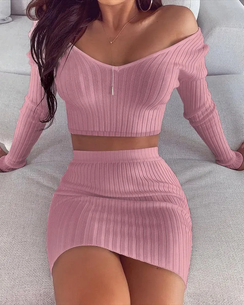 Long Sleeve Off Shoulder Bodycon Dress with Belt