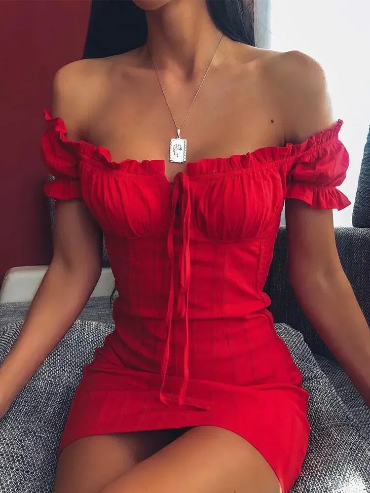 Off Shoulder Smocked Bodycon Mini Dress