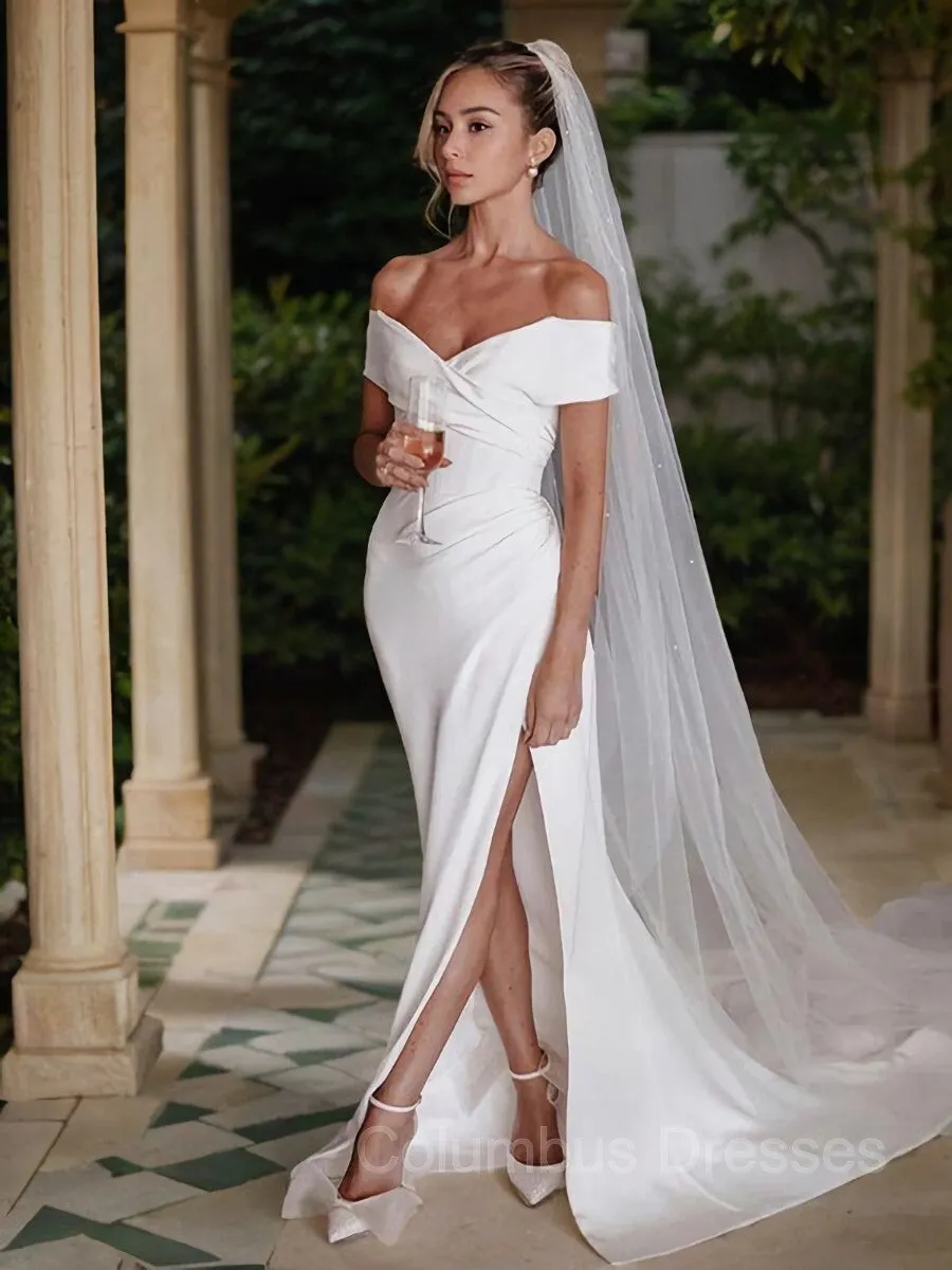 Off-the-Shoulder Chapel Train Charmeuse Sheath Wedding Dress