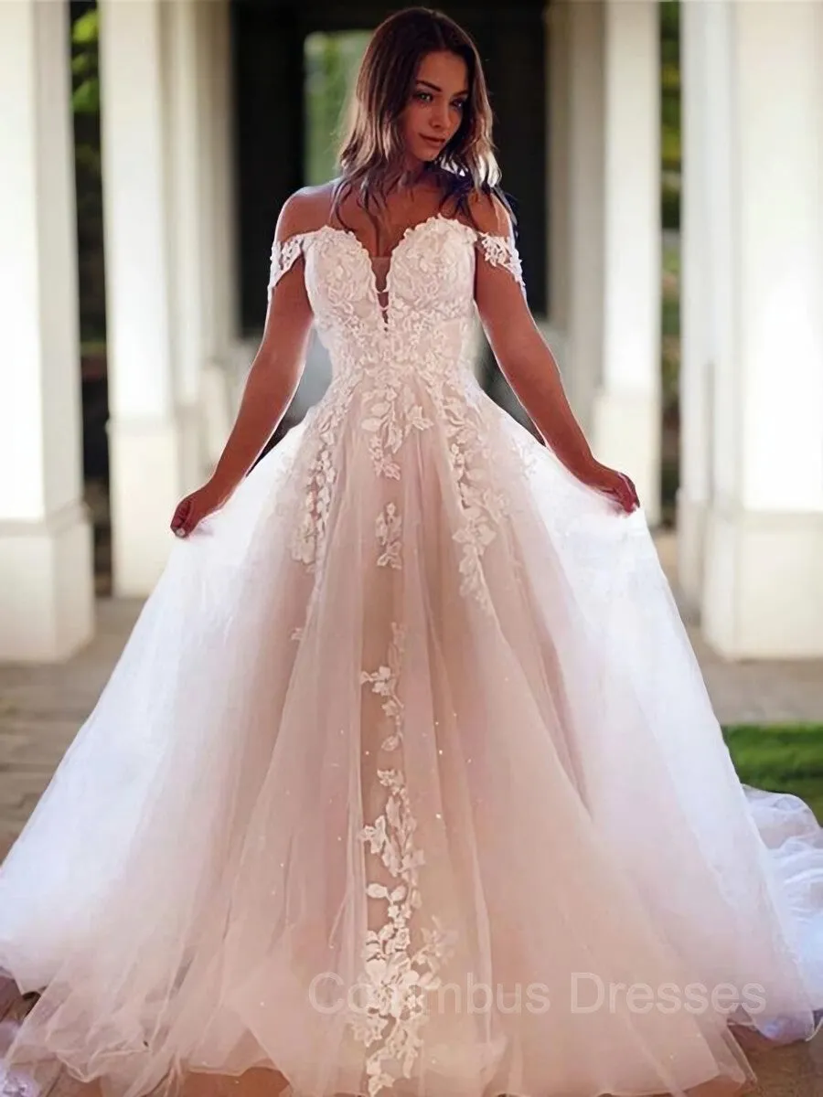 Off-the-Shoulder Court Train Tulle A-Line Wedding Dress