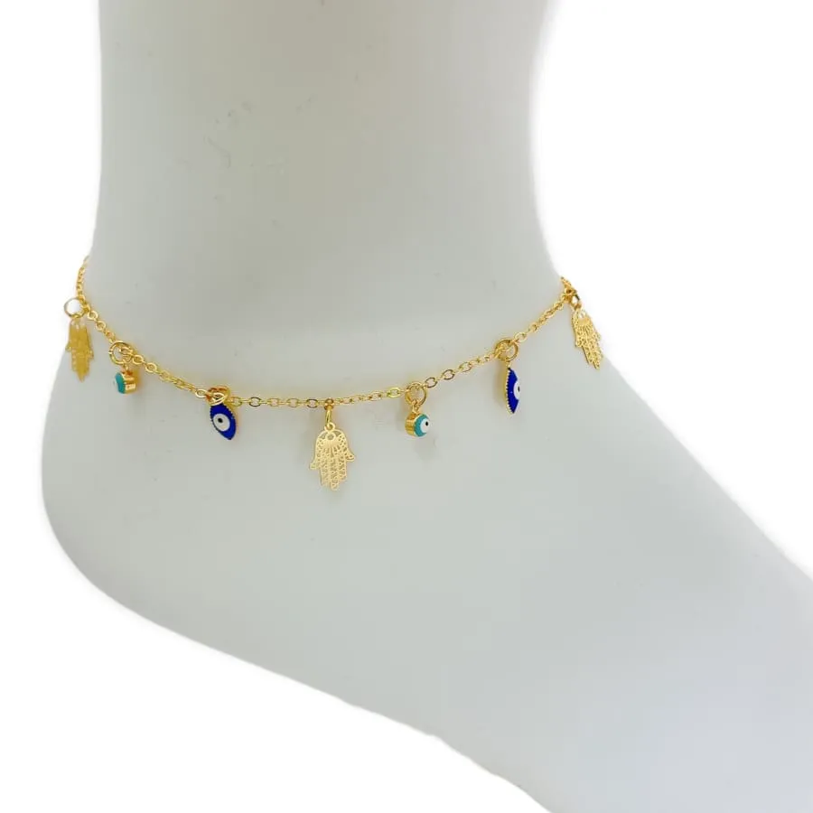 Blue and Turquoise Evil Eye Hamsa Anklet in 18k Gold